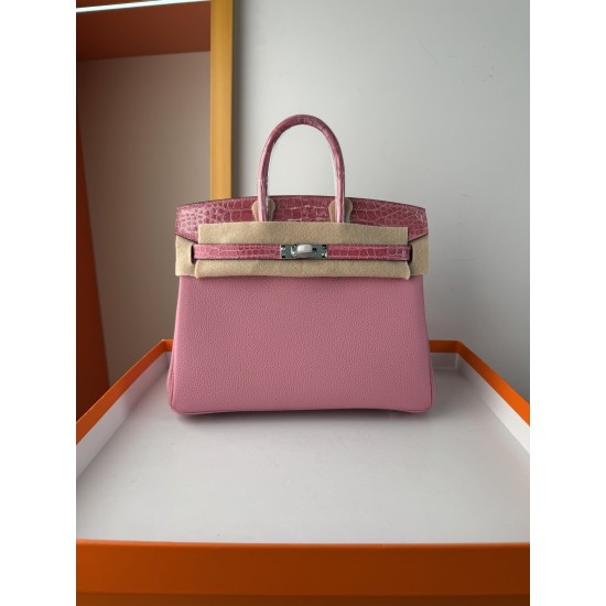 In stock touch BK25 Togo leather with high gloss crocodile platinum 25cm fully hand stitched with waxed thread Full steel hardware Lined with goat skin