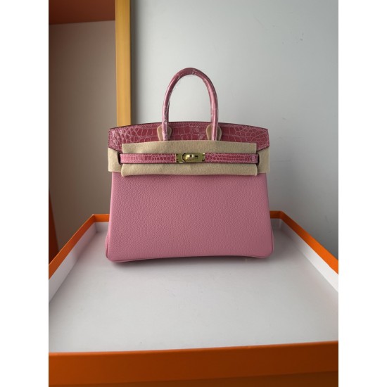 In stock touch BK25 Togo leather with high gloss crocodile platinum 25cm fully hand stitched with waxed thread Full steel hardware Lined with goat skin