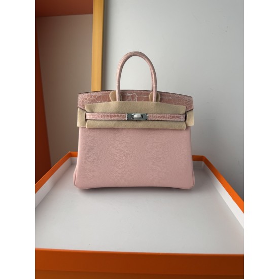 In stock touch BK25 Togo leather with high gloss crocodile platinum 25cm fully hand stitched with waxed thread Full steel hardware Lined with goat skin