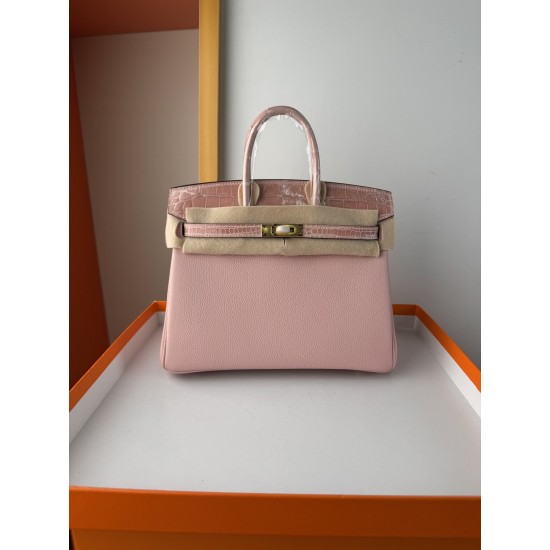 In stock touch BK25 Togo leather with high gloss crocodile platinum 25cm fully hand stitched with waxed thread Full steel hardware Lined with goat skin