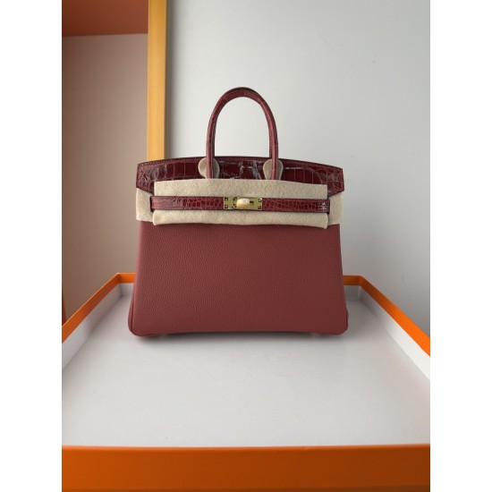 In stock touch BK25 Togo leather with high gloss crocodile platinum 25cm fully hand stitched with waxed thread Full steel hardware Lined with goat skin