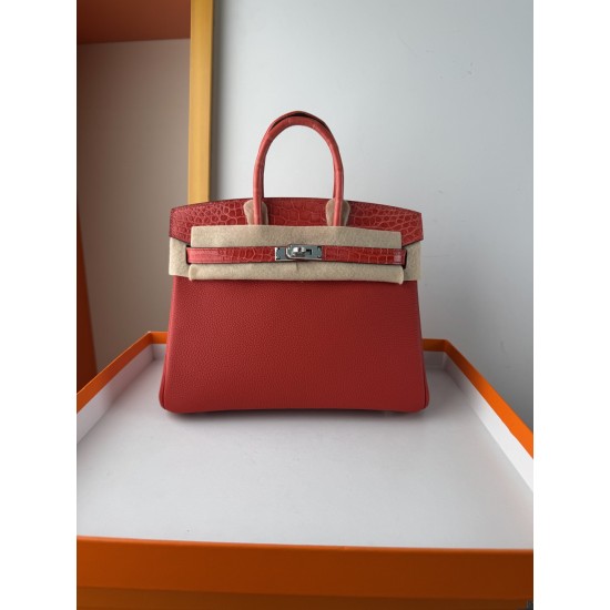 In stock touch BK25 Togo leather with high gloss crocodile platinum 25cm fully hand stitched with waxed thread Full steel hardware Lined with goat skin