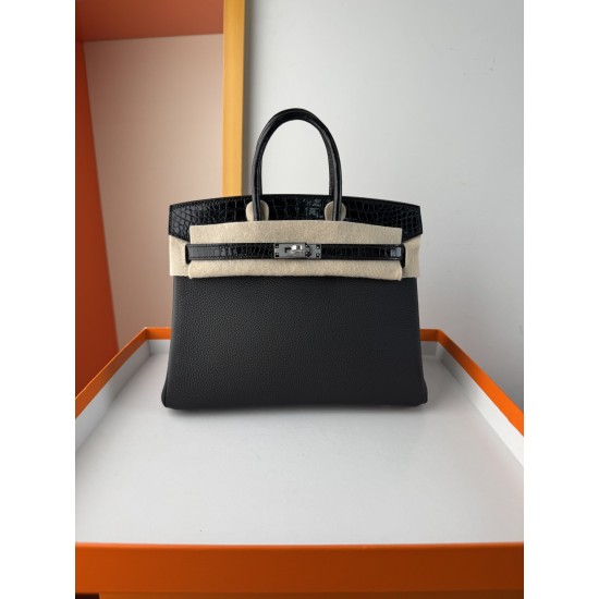 In stock touch BK25 Togo leather with high gloss crocodile platinum 25cm fully hand stitched with waxed thread Full steel hardware Lined with goat skin