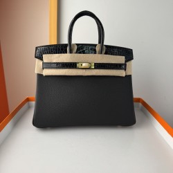 In stock touch BK25 Togo leather with high gloss crocodile platinum 25cm fully hand stitched with waxed thread Full steel hardware Lined with goat skin