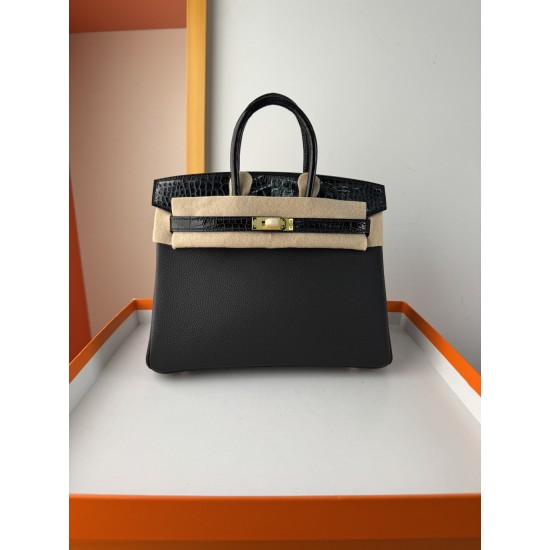 In stock touch BK25 Togo leather with high gloss crocodile platinum 25cm fully hand stitched with waxed thread Full steel hardware Lined with goat skin