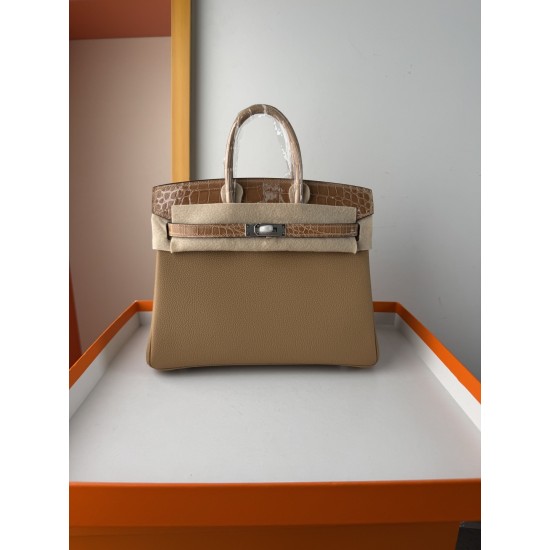 In stock touch BK25 Togo leather with high gloss crocodile platinum 25cm fully hand stitched with waxed thread Full steel hardware Lined with goat skin