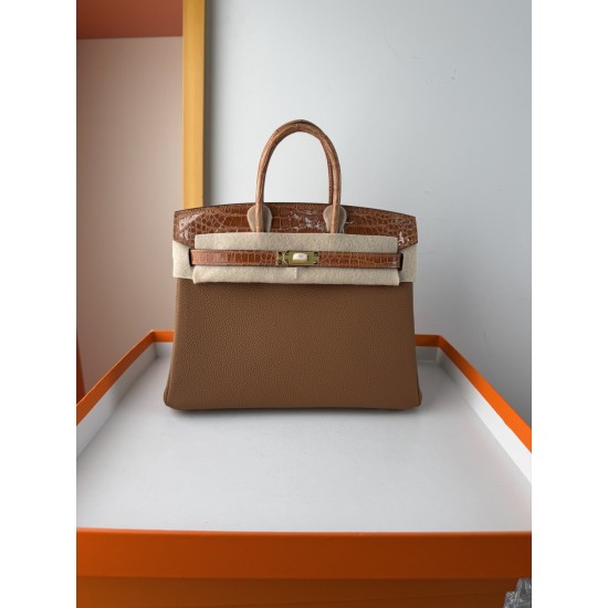 In stock touch BK25 Togo leather with high gloss crocodile platinum 25cm fully hand stitched with waxed thread Full steel hardware Lined with goat skin