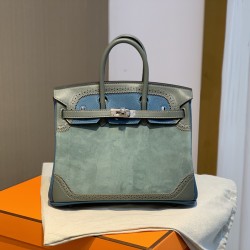 New Birkin Lace Platinum 25cm Original Imported Suede Swift Leather Togo Leather Green Gray Blue Silver Buckle Limited Edition Counter synchronization Handmade beeswax thread stitching Pure steel hardware High-end customized batch 1600