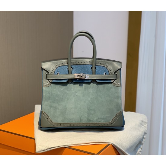 New Birkin Lace Platinum 25cm Original Imported Suede Swift Leather Togo Leather Green Gray Blue Silver Buckle Limited Edition Counter synchronization Handmade beeswax thread stitching Pure steel hardware High-end customized batch 1600