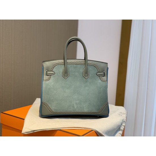 New Birkin Lace Platinum 25cm Original Imported Suede Swift Leather Togo Leather Green Gray Blue Silver Buckle Limited Edition Counter synchronization Handmade beeswax thread stitching Pure steel hardware High-end customized batch 1600