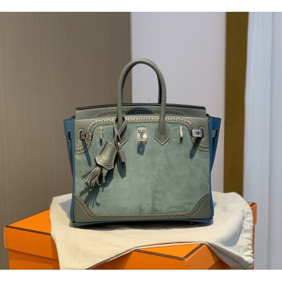 New Birkin Lace Platinum 25cm Original Imported Suede Swift Leather Togo Leather Green Gray Blue Silver Buckle Limited Edition Counter synchronization Handmade beeswax thread stitching Pure steel hardware High-end customized batch 1600