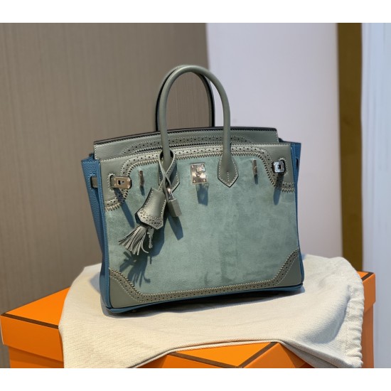 New Birkin Lace Platinum 25cm Original Imported Suede Swift Leather Togo Leather Green Gray Blue Silver Buckle Limited Edition Counter synchronization Handmade beeswax thread stitching Pure steel hardware High-end customized batch 1600