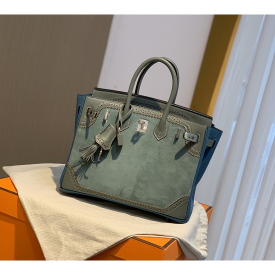 New Birkin Lace Platinum 25cm Original Imported Suede Swift Leather Togo Leather Green Gray Blue Silver Buckle Limited Edition Counter synchronization Handmade beeswax thread stitching Pure steel hardware High-end customized batch 1600