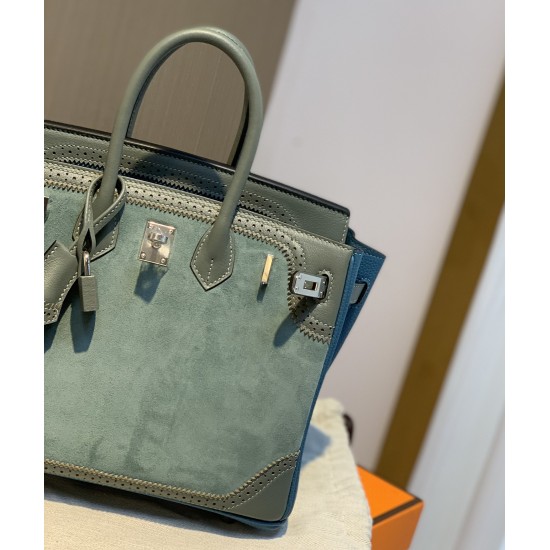 New Birkin Lace Platinum 25cm Original Imported Suede Swift Leather Togo Leather Green Gray Blue Silver Buckle Limited Edition Counter synchronization Handmade beeswax thread stitching Pure steel hardware High-end customized batch 1600