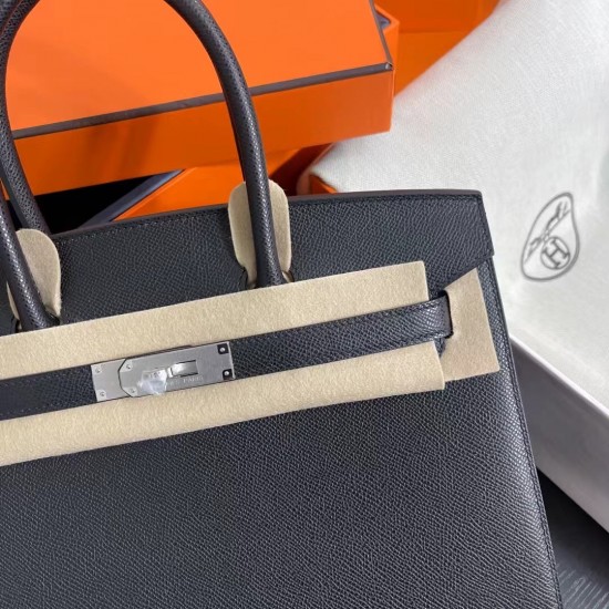 Lot 1111 Birkin Outside Sewn 30cm epsom leather Ck89 Noir Black Silver Buckle Phw Fully Handmade Beeswax Thread Sewing