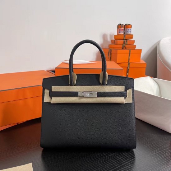 Lot 1111 Birkin Outside Sewn 30cm epsom leather Ck89 Noir Black Silver Buckle Phw Fully Handmade Beeswax Thread Sewing