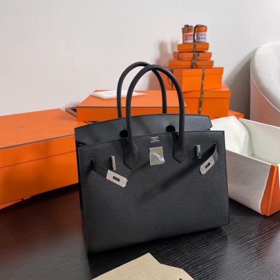 Lot 1111 Birkin Outside Sewn 30cm epsom leather Ck89 Noir Black Silver Buckle Phw Fully Handmade Beeswax Thread Sewing