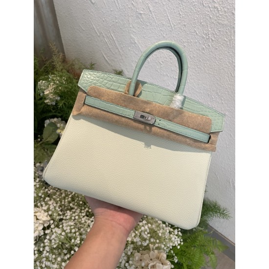 P1234 in stock touch BK25cm platinum Togo leather with high-gloss crocodile platinum hand-stitched waxed thread All-steel hardware Lining goatskin