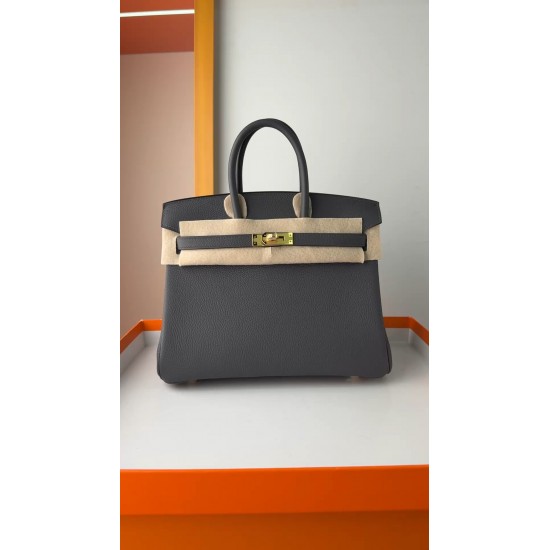 In stock BK2530 Slate Gray Togo Leather Platinum 2530cm Full Hand Stitching Waxed Thread Full Steel Hardware Lined Goat Leather