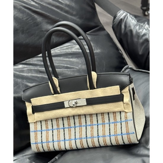 New Birkin shoulder embroidered platinum 29cm original imported Swift leather canvas embroidered black plaid silver buckle limited edition counter synchronization handmade waxed thread sewing pure steel hardware high-end custom batch 1600