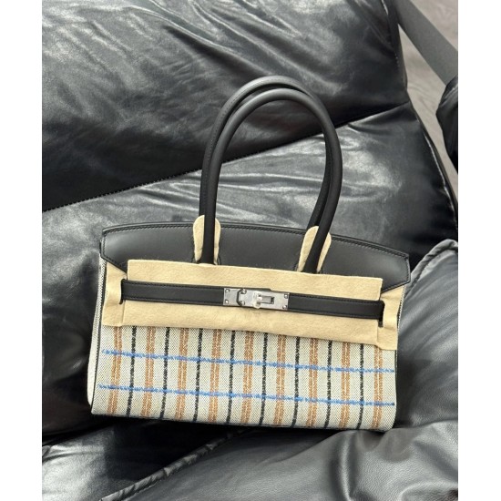 New Birkin shoulder embroidered platinum 29cm original imported Swift leather canvas embroidered black plaid silver buckle limited edition counter synchronization handmade waxed thread sewing pure steel hardware high-end custom batch 1600