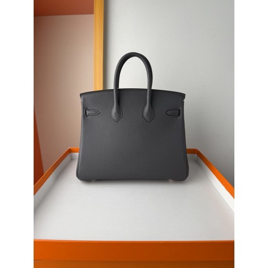 In stock BK2530 Slate Gray Togo Leather Platinum 2530cm Full Hand Stitching Waxed Thread Full Steel Hardware Lined Goat Leather