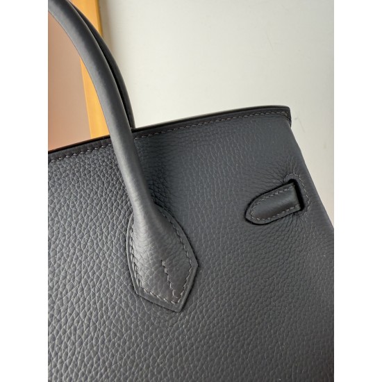 In stock BK2530 Slate Gray Togo Leather Platinum 2530cm Full Hand Stitching Waxed Thread Full Steel Hardware Lined Goat Leather