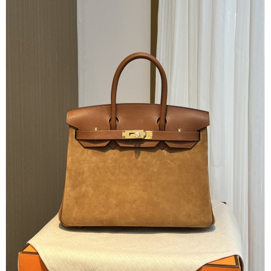 New Birkin Platinum 30cm Original imported suede Swift leather gold brown gold buckle counter synchronization handmade beeswax thread sewing pure steel hardware high-end custom batch 1600