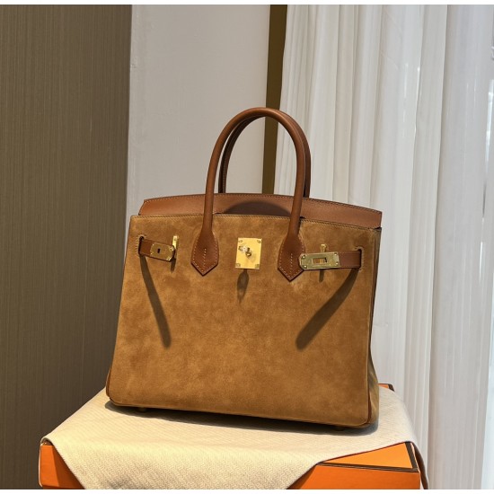 New Birkin Platinum 30cm Original imported suede Swift leather gold brown gold buckle counter synchronization handmade beeswax thread sewing pure steel hardware high-end custom batch 1600