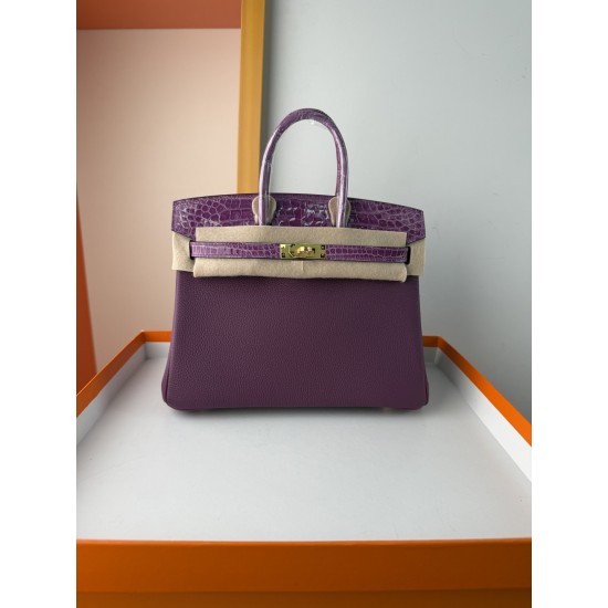 In stock touch BK25 anemone purple togo leather with high gloss crocodile platinum 25cm full hand-stitched waxed thread full steel hardware lining goat skin