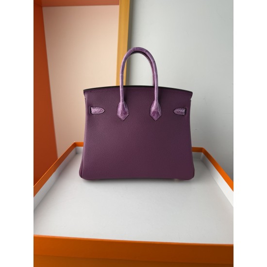 In stock touch BK25 anemone purple togo leather with high gloss crocodile platinum 25cm full hand-stitched waxed thread full steel hardware lining goat skin
