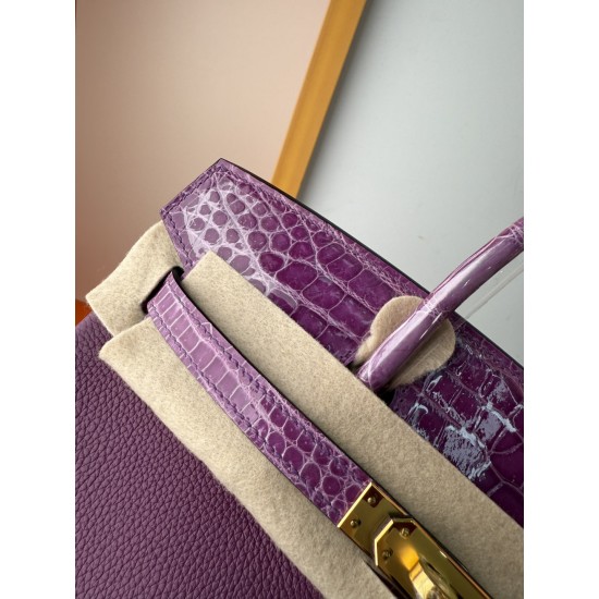 In stock touch BK25 anemone purple togo leather with high gloss crocodile platinum 25cm full hand-stitched waxed thread full steel hardware lining goat skin