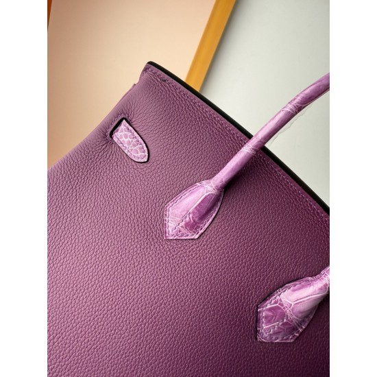 In stock touch BK25 anemone purple togo leather with high gloss crocodile platinum 25cm full hand-stitched waxed thread full steel hardware lining goat skin