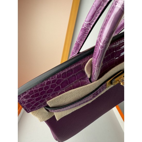 In stock touch BK25 anemone purple togo leather with high gloss crocodile platinum 25cm full hand-stitched waxed thread full steel hardware lining goat skin