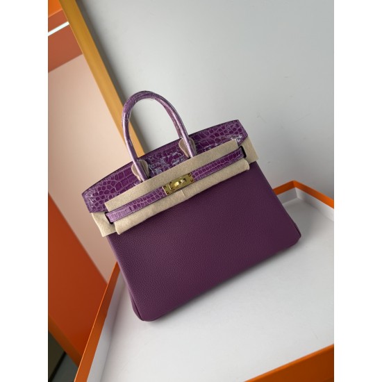 In stock touch BK25 anemone purple togo leather with high gloss crocodile platinum 25cm full hand-stitched waxed thread full steel hardware lining goat skin