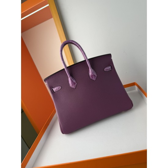 In stock touch BK25 anemone purple togo leather with high gloss crocodile platinum 25cm full hand-stitched waxed thread full steel hardware lining goat skin