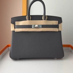 In stock BK2530 Slate Gray Togo Leather Platinum 2530cm Full Hand Stitching Waxed Thread Full Steel Hardware Lined Goat Leather