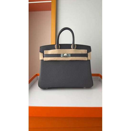 In stock BK2530 Slate Gray Togo Leather Platinum 2530cm Full Hand Stitching Waxed Thread Full Steel Hardware Lined Goat Leather