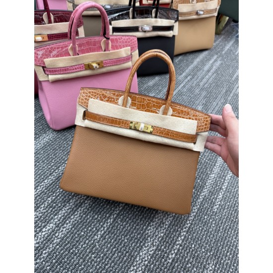 In stock touch BK25 Togo leather with high gloss crocodile platinum 25cm full hand-stitched waxed thread Full steel hardware Lined with goat skin