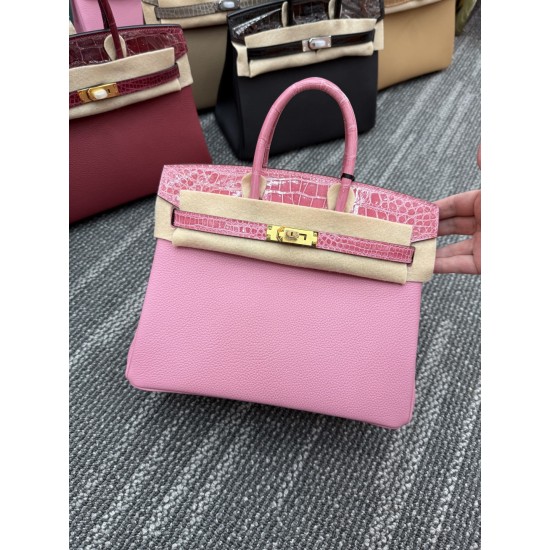 In stock touch BK25 Togo leather with high gloss crocodile platinum 25cm full hand-stitched waxed thread Full steel hardware Lined with goat skin