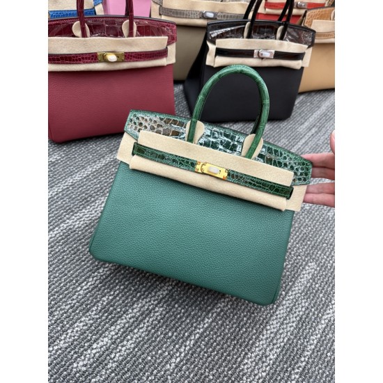 In stock touch BK25 Togo leather with high gloss crocodile platinum 25cm full hand-stitched waxed thread Full steel hardware Lined with goat skin