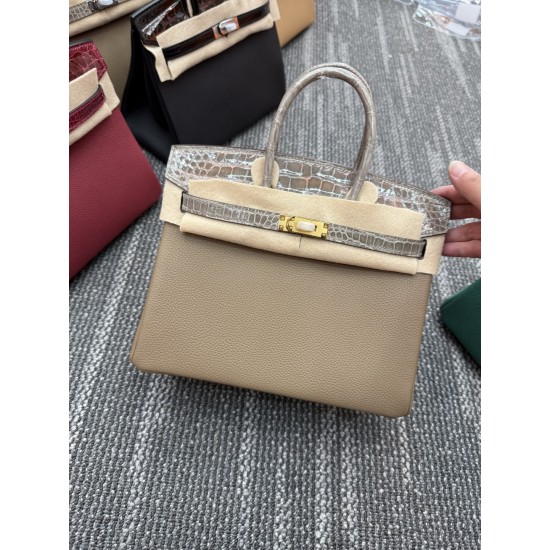 In stock touch BK25 Togo leather with high gloss crocodile platinum 25cm full hand-stitched waxed thread Full steel hardware Lined with goat skin