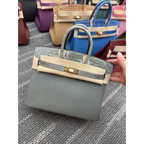 In stock touch BK25 Togo leather with high gloss crocodile platinum 25cm full hand-stitched waxed thread Full steel hardware Lined with goat skin