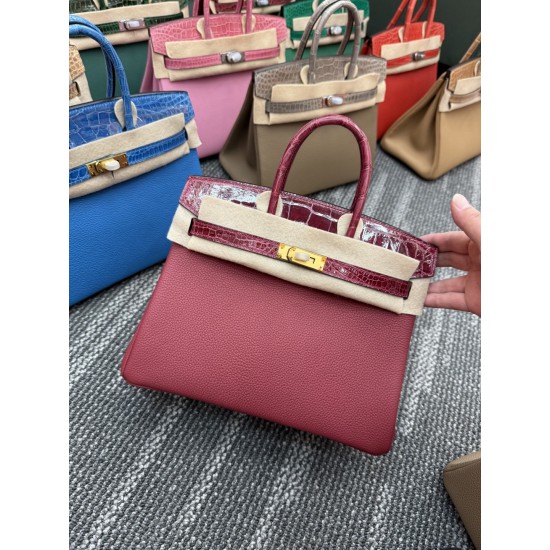 In stock touch BK25 Togo leather with high gloss crocodile platinum 25cm full hand-stitched waxed thread Full steel hardware Lined with goat skin