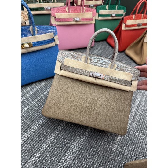 In stock touch BK25 Togo leather with high gloss crocodile platinum 25cm full hand-stitched waxed thread Full steel hardware Lined with goat skin