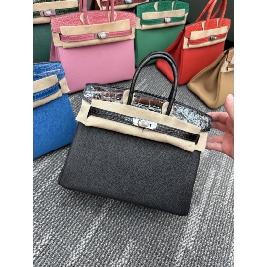 In stock touch BK25 Togo leather with high gloss crocodile platinum 25cm full hand-stitched waxed thread Full steel hardware Lined with goat skin