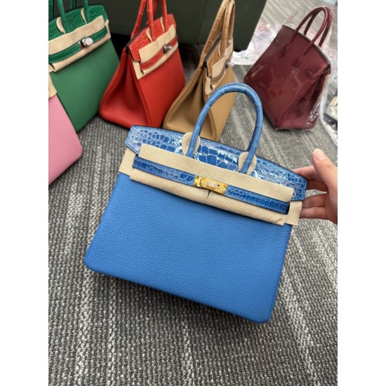 In stock touch BK25 Togo leather with high gloss crocodile platinum 25cm full hand-stitched waxed thread Full steel hardware Lined with goat skin