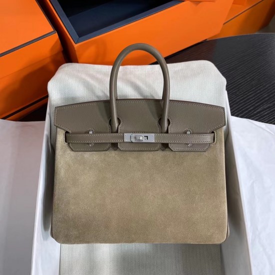 New Birkin Platinum 25cm Original Imported Suede Swift Leather Elephant Gray Silver Buckle Counter synchronization Handmade beeswax thread sewing Pure steel hardware High-end customized batch 1600