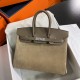 New Birkin Platinum 25cm Original Imported Suede Swift Leather Elephant Gray Silver Buckle Counter synchronization Handmade beeswax thread sewing Pure steel hardware High-end customized batch 1600
