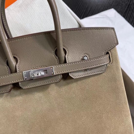 New Birkin Platinum 25cm Original Imported Suede Swift Leather Elephant Gray Silver Buckle Counter synchronization Handmade beeswax thread sewing Pure steel hardware High-end customized batch 1600